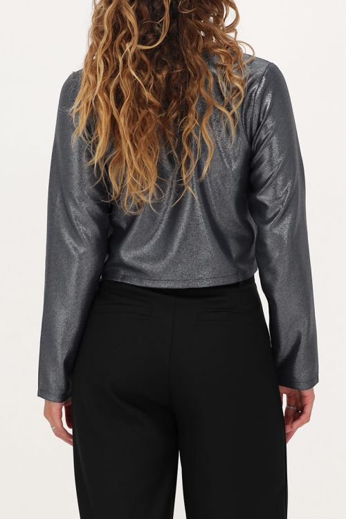 Donkergrijze top met lurex & strikjes