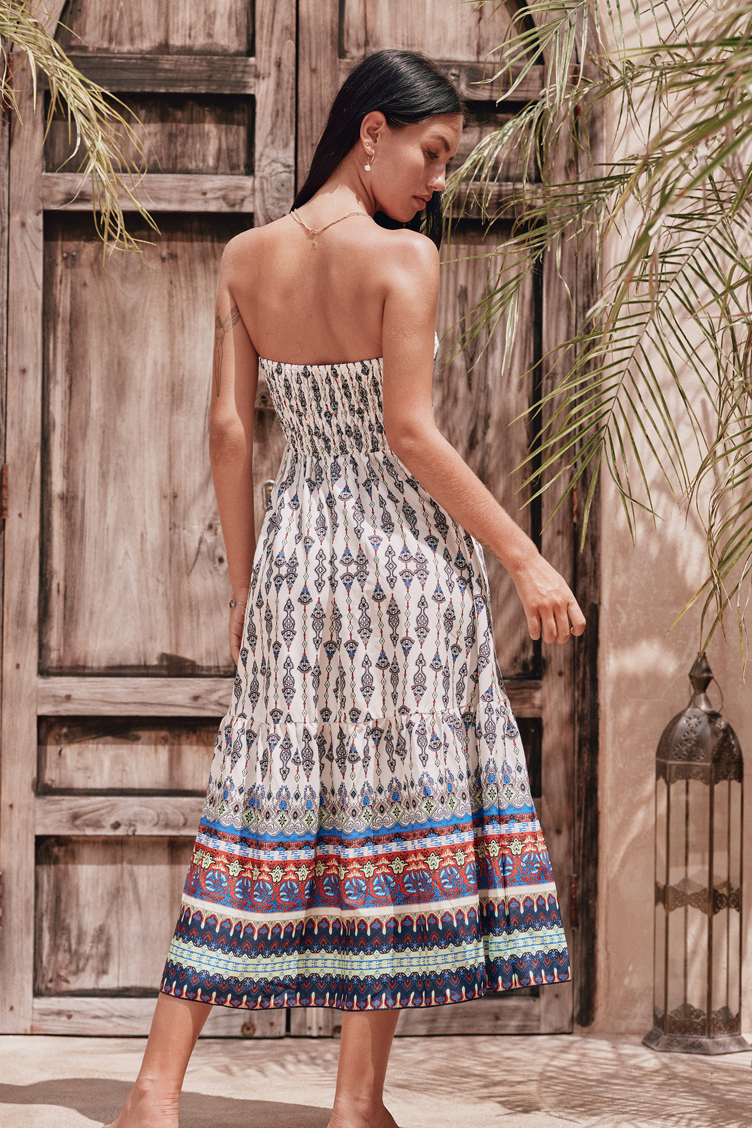 Robe midi sans bretelles à col en cœur boho