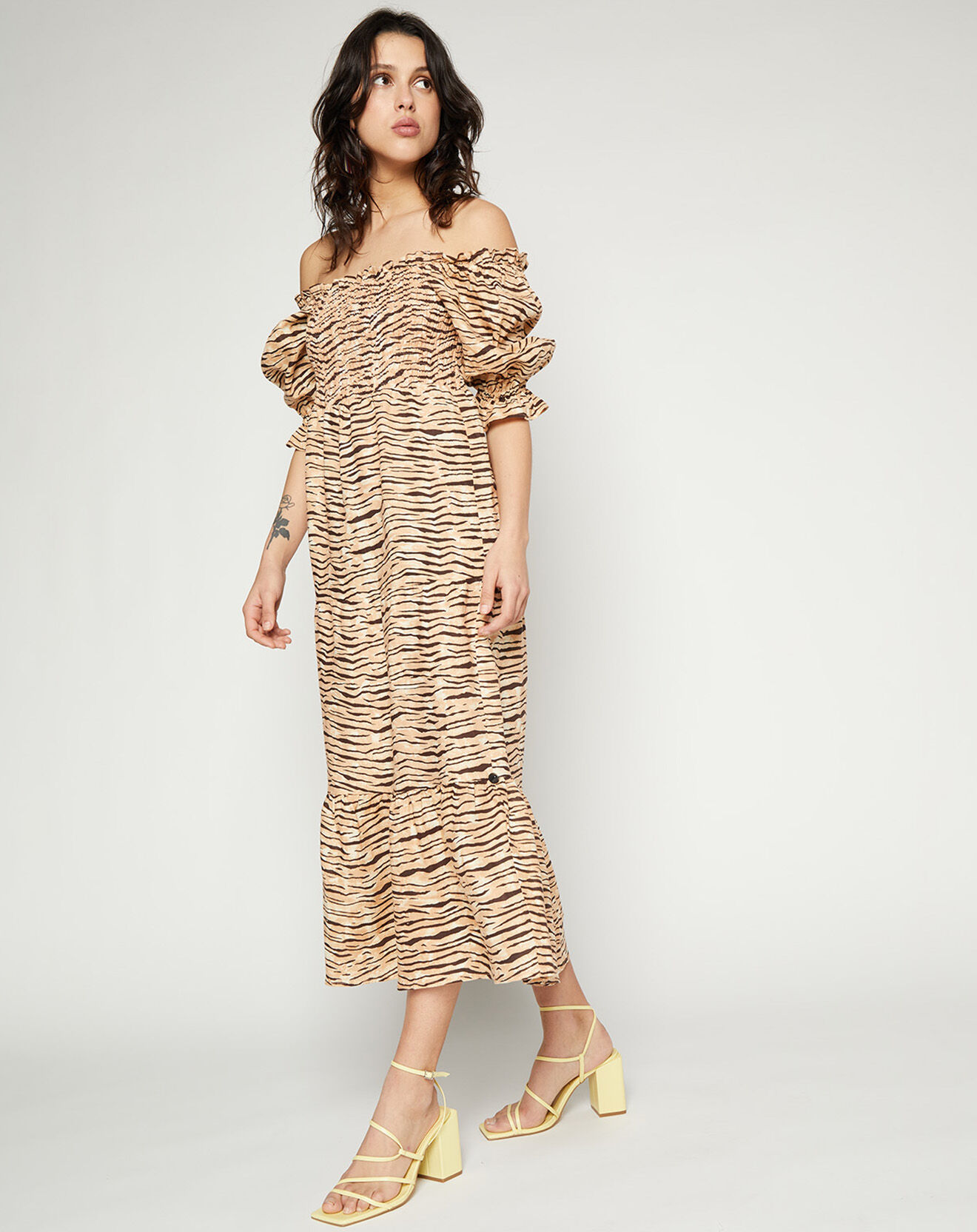 Faithfull the Brand Robe midi 100% Lin De Christin imprimé animal beige/marron