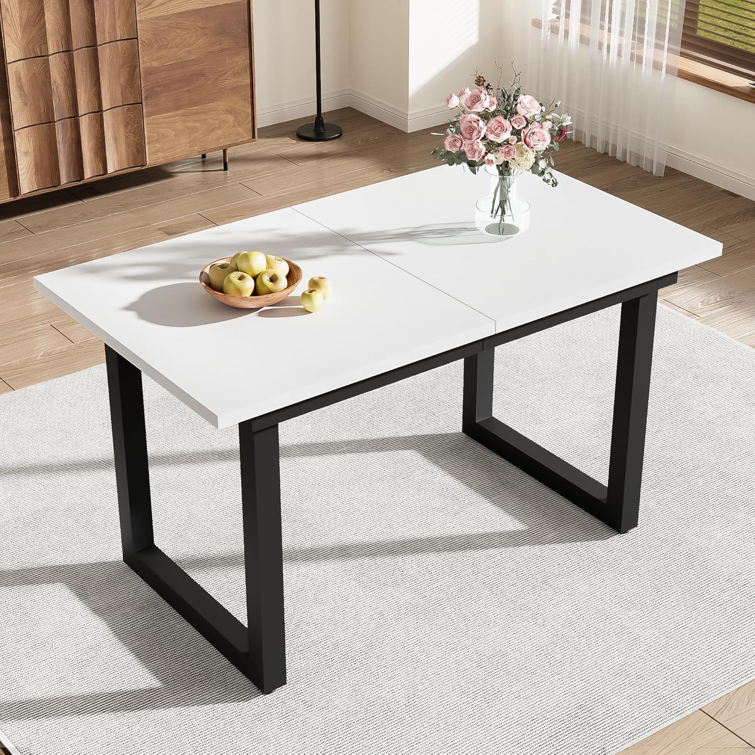 Merax Esstisch, Ausziehbar Esszimmertisch mit Tischbeine aus Metall, Rechteckiger Küchentisch für Wohnzimmer und Esszimmer, Weiß