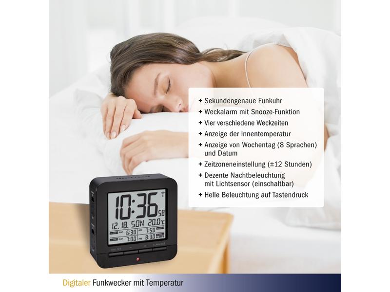 TFA Dostmann Digitalwecker mit Temperaturanzeige Schwarz Funktwecker mit Snooze-Funktion