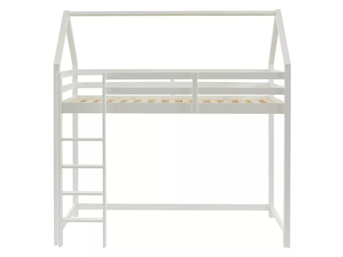 Lit mezzanine cabane 90 x 190 cm - Pin - Blanc + Matelas - TARZIA