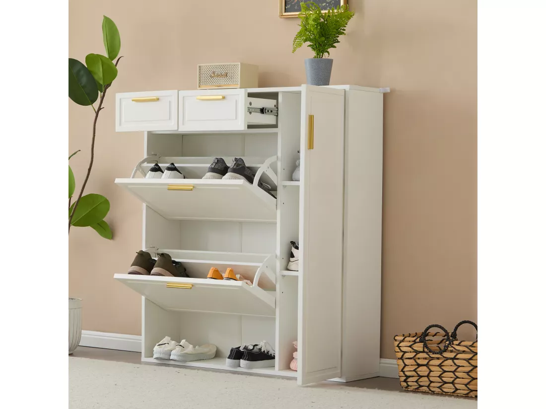 Meuble à chaussures avec 3 portes et 2 tiroirs - 95 x 24 x 107.5 cm - Etagères réglables - Panneau de particules - Blanc