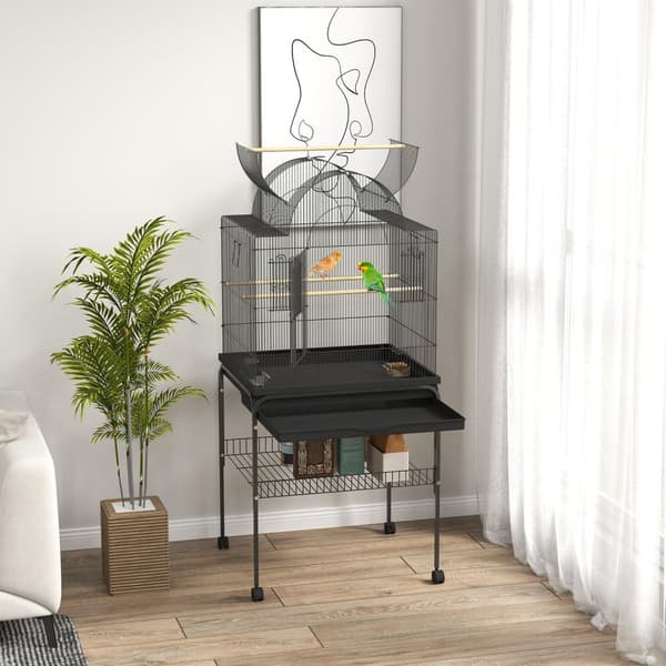 Fuglebur stort undulatbur med brett, oppbevaringsplass, fôringsstasjon, fuglehus med hjul for kanarifugler, stål 63 x 53 x 144 cm svart