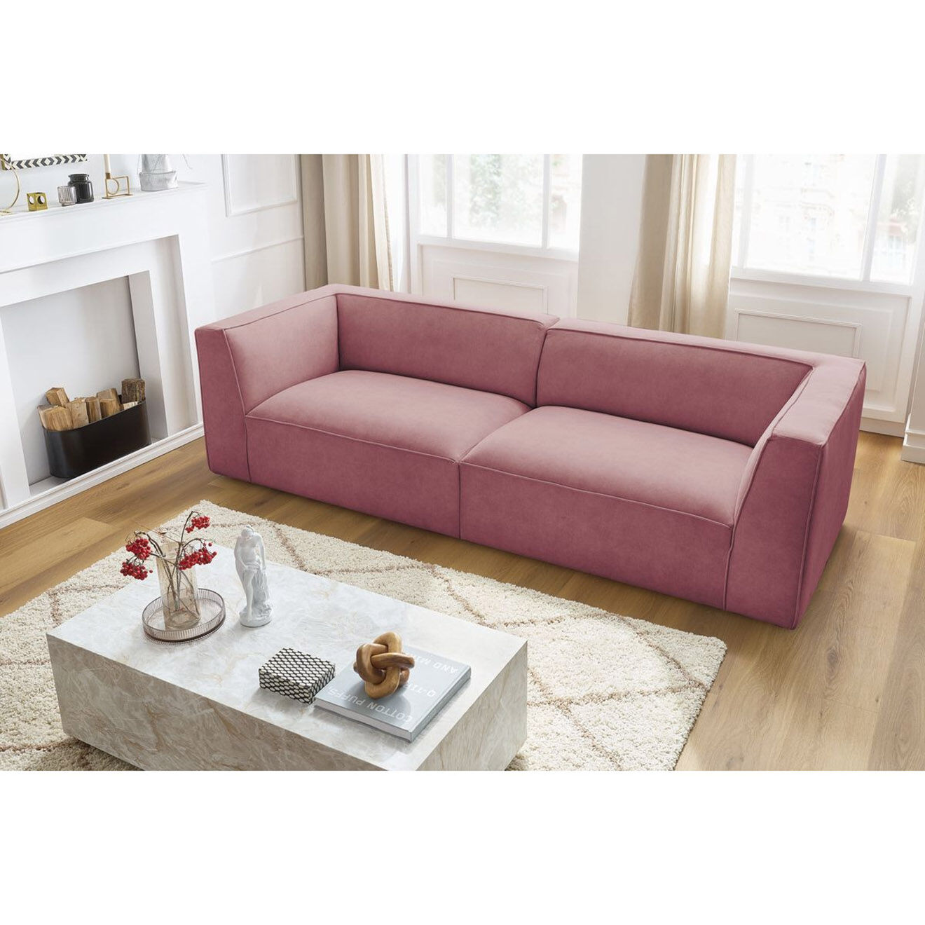 Bobochic Canapé droit fixe 4 places en Velours Molière rose - 273x99x71 cm