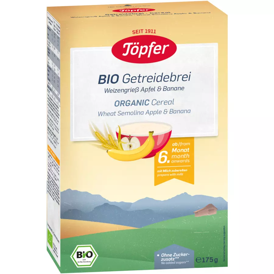 Töpfer Bio Getreidebrei Weizengrieß Apfel und Banane 6 x 175 g ab dem 6. Monat