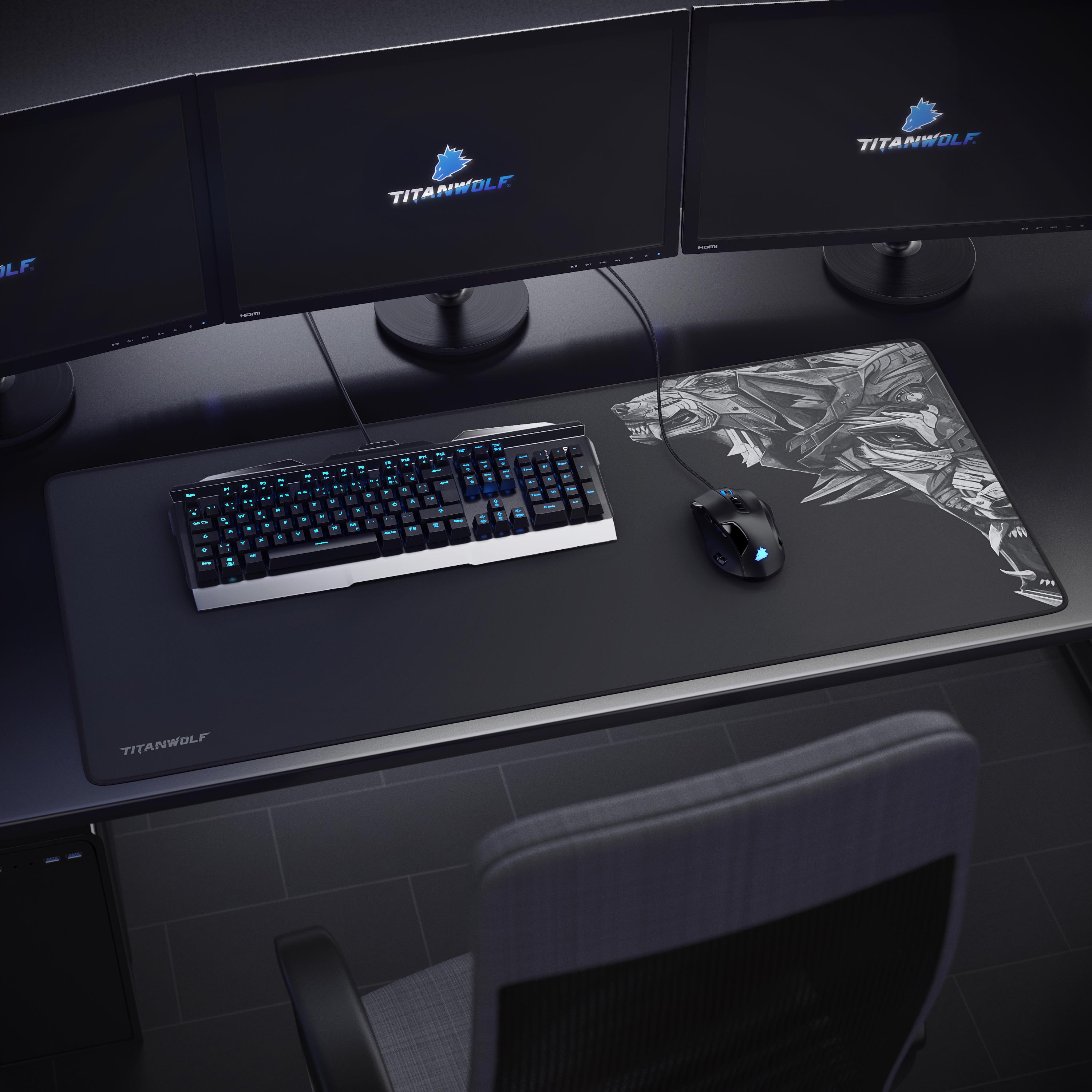 Titanwolf Gaming Mauspad XXL, glattes Stoffgewebe, Speed Mousepad 900 x 400mm große Fläche, Wolfsmotiv rechts