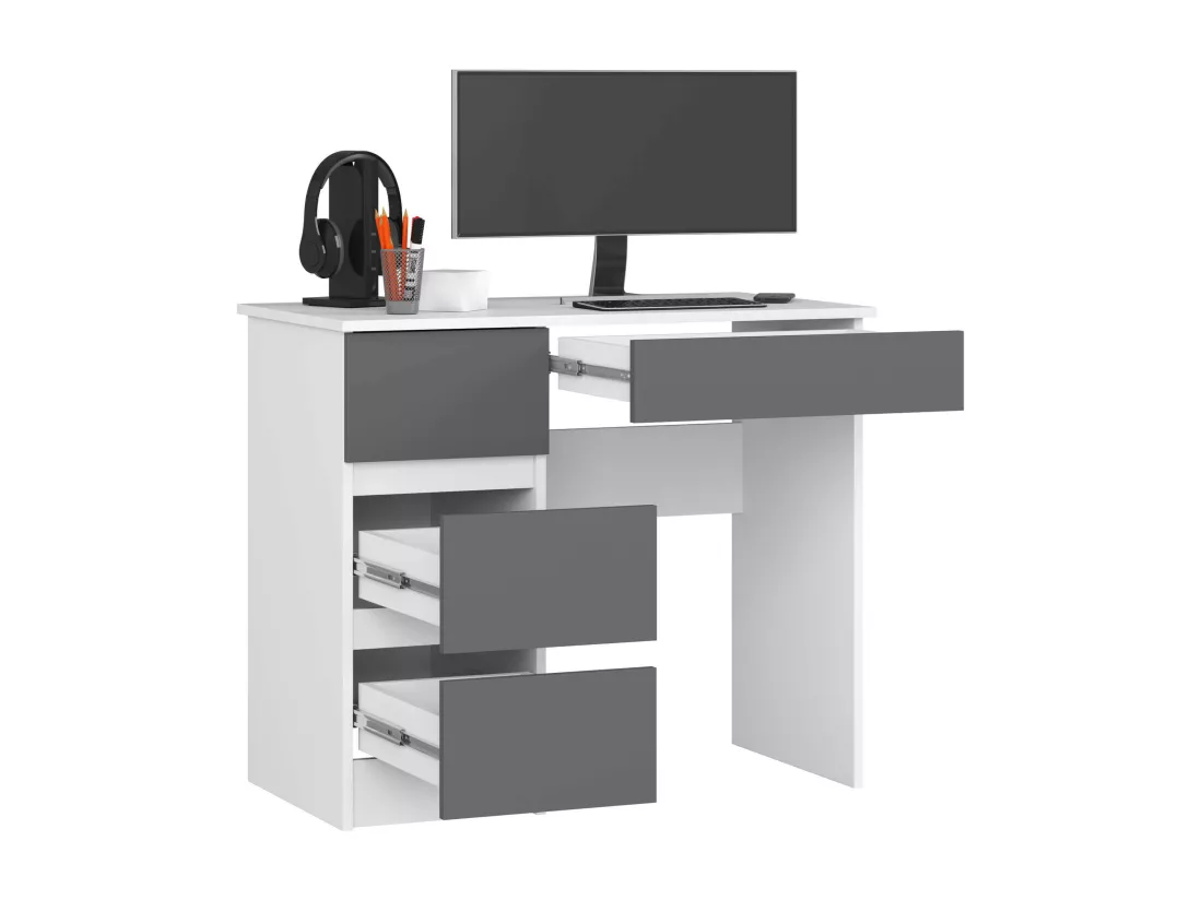 Bureau d'ordinateur AKORD gauche A7 Blanc 90 cm 4 tiroirs façade Gris Graphite 90x50x77 cm