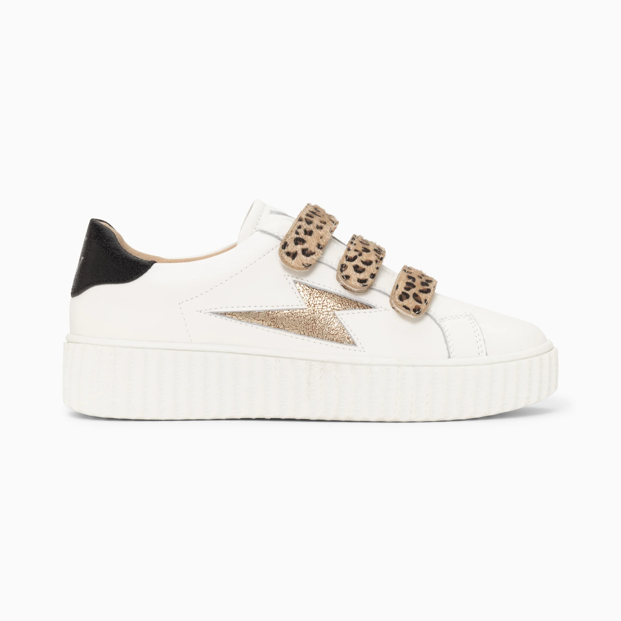 Sneakers-Baskets éclair Maggie-Jane blanc et or en cuir à scratchs léopard