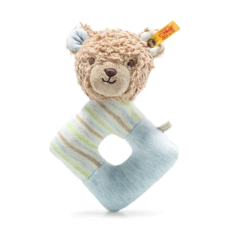 Steiff GOTS Rudy Teddybär Greifring mit Rassel braun / blau, 15 cm