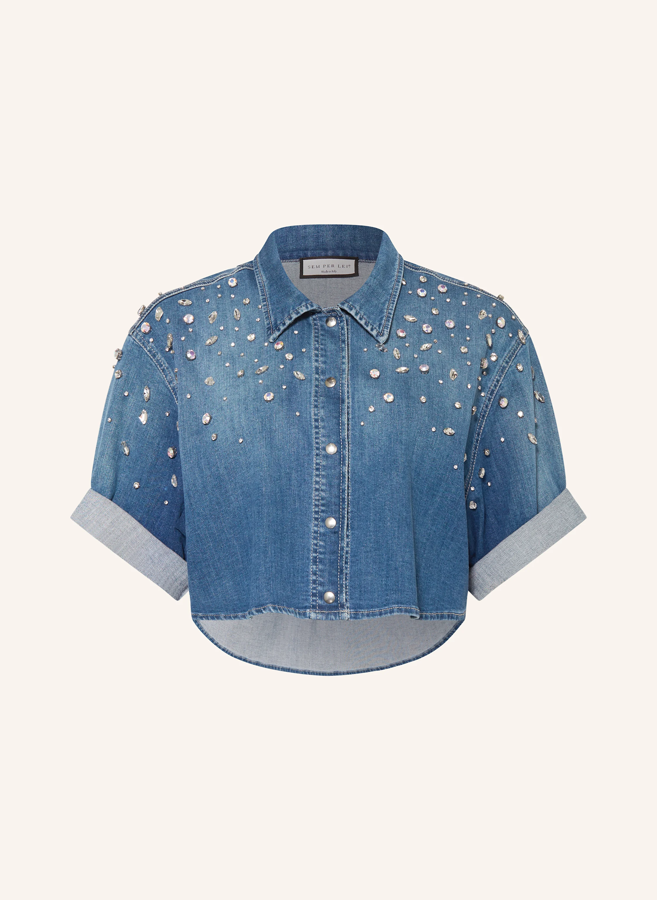 SEM PER LEI Cropped-Jeansbluse mit Schmucksteinen