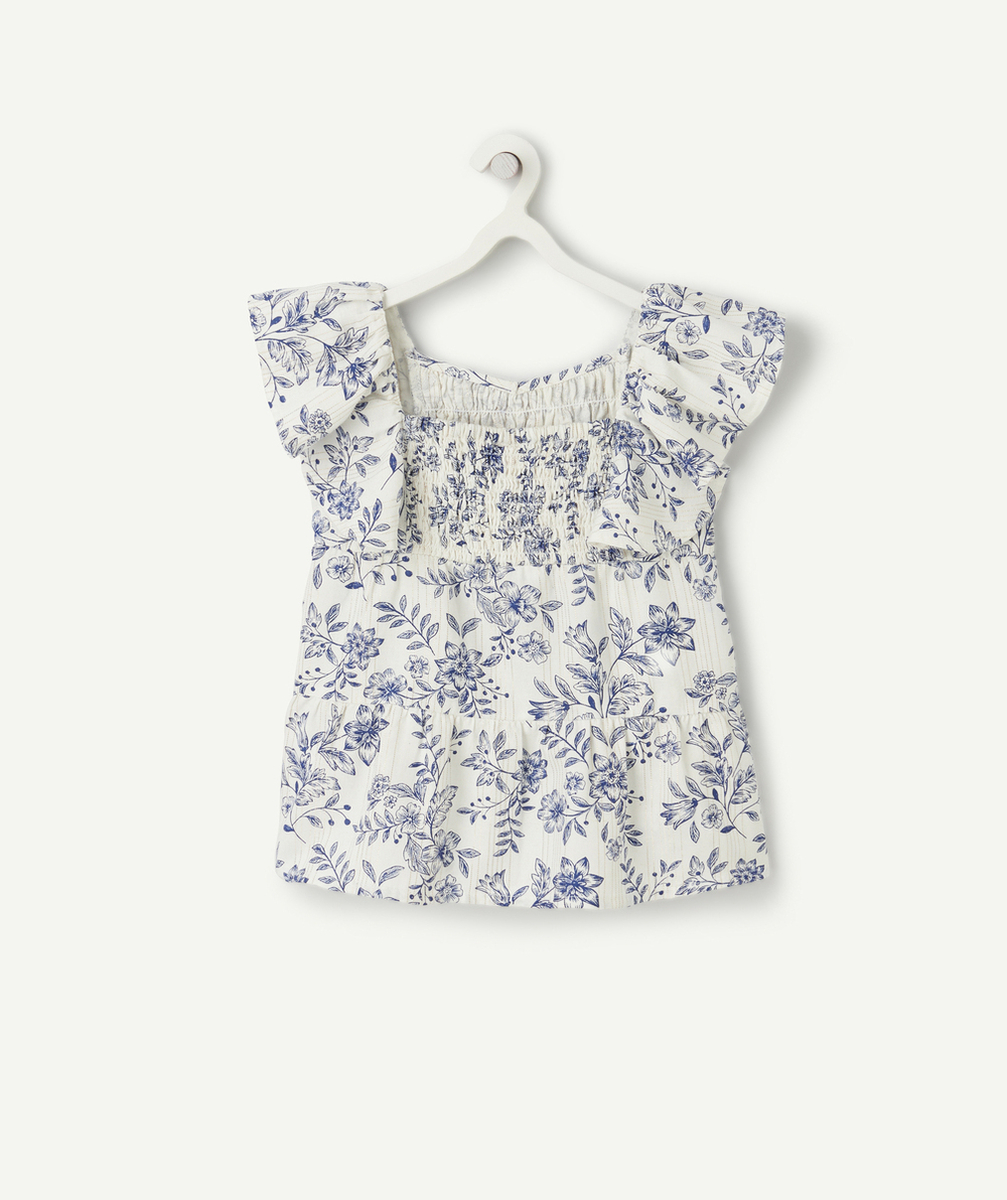 chemise manches courte fille en viscose responsable blanc imprimé fleurs bleues