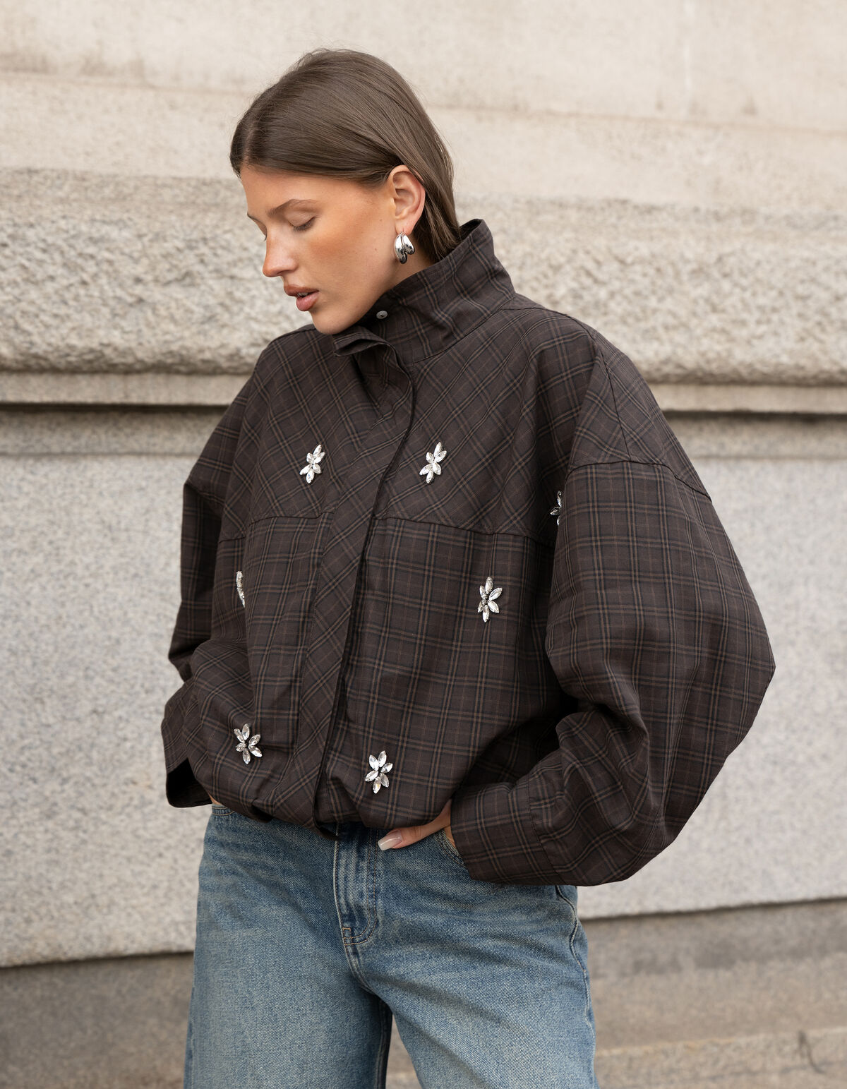 Check Bomber Blouse Donkerbruin