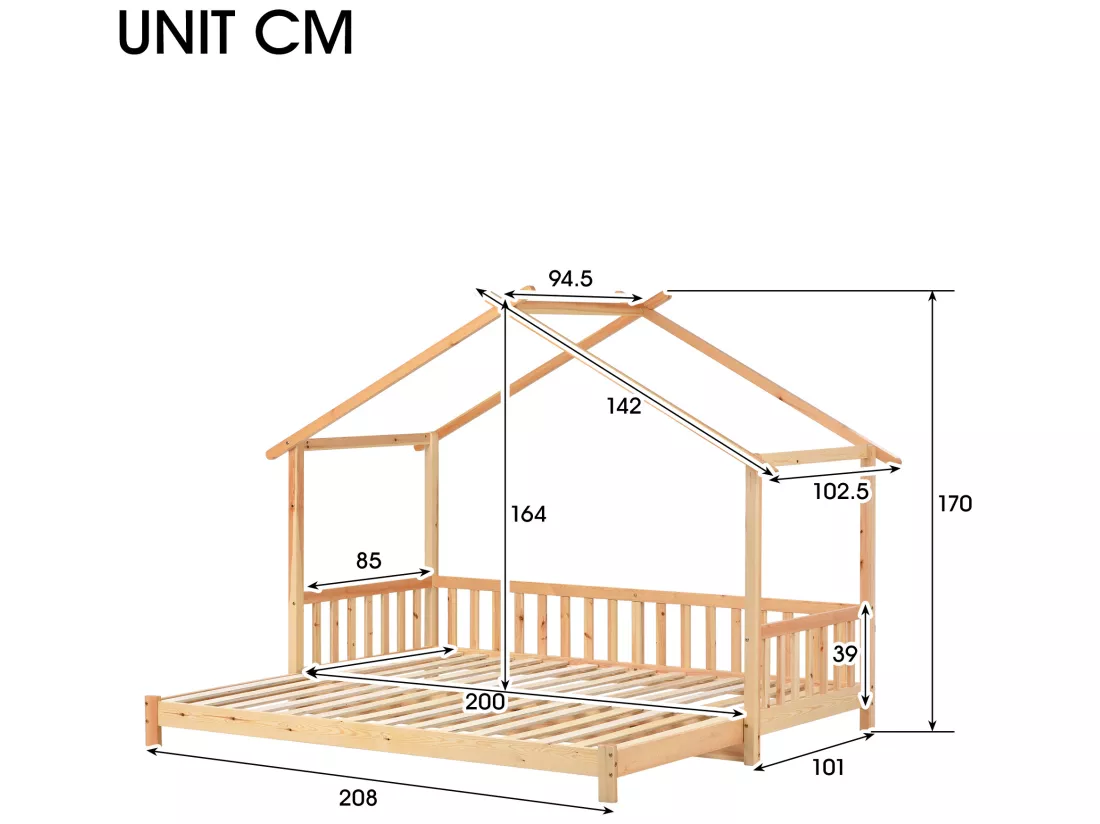 Lit gigogne cabane - 90 x 200 cm - bois massif - sommier à lattes - coloris naturel