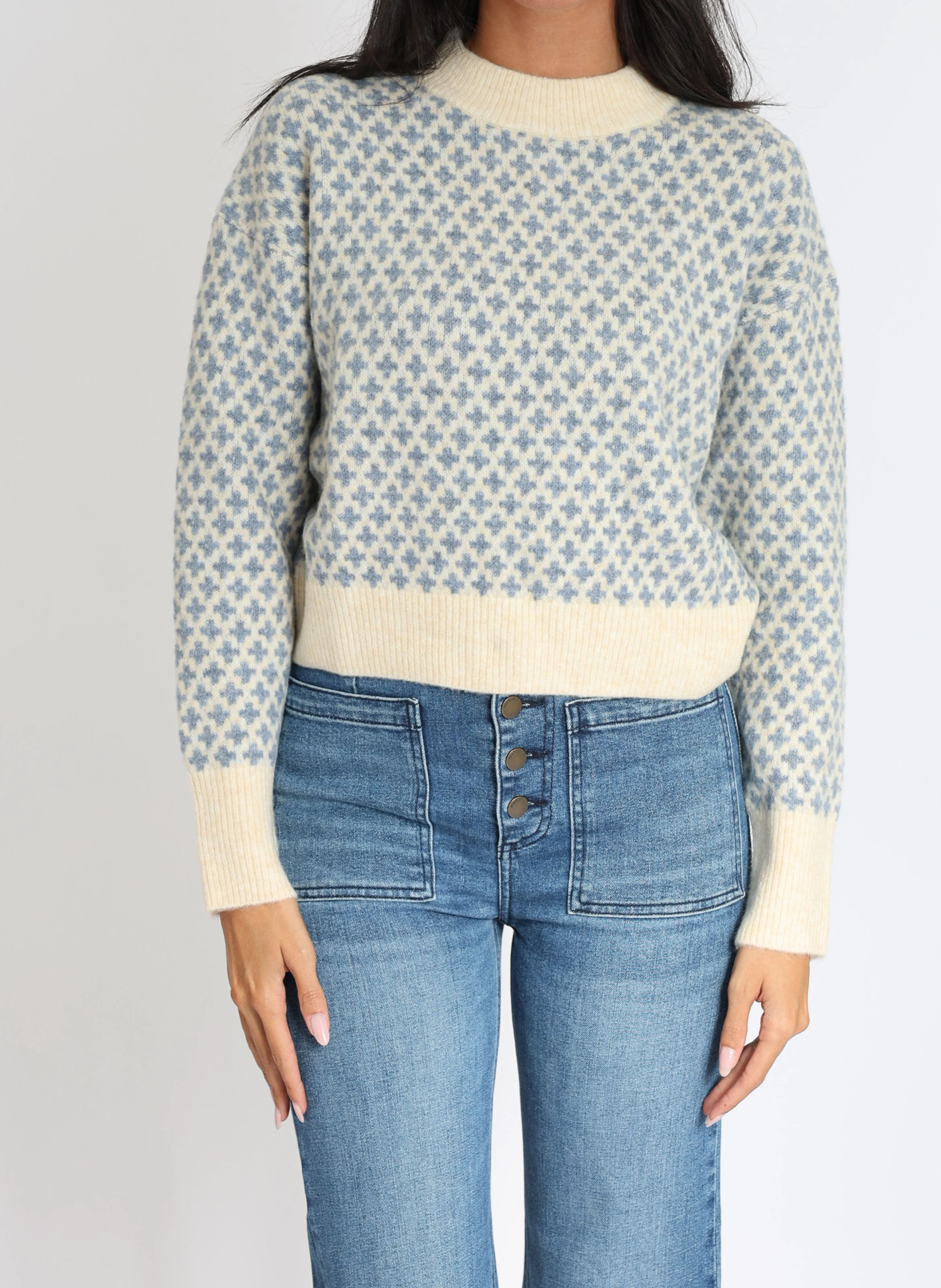 ALICE - Pull ample col rond jacquard en maille mélangée | Beige