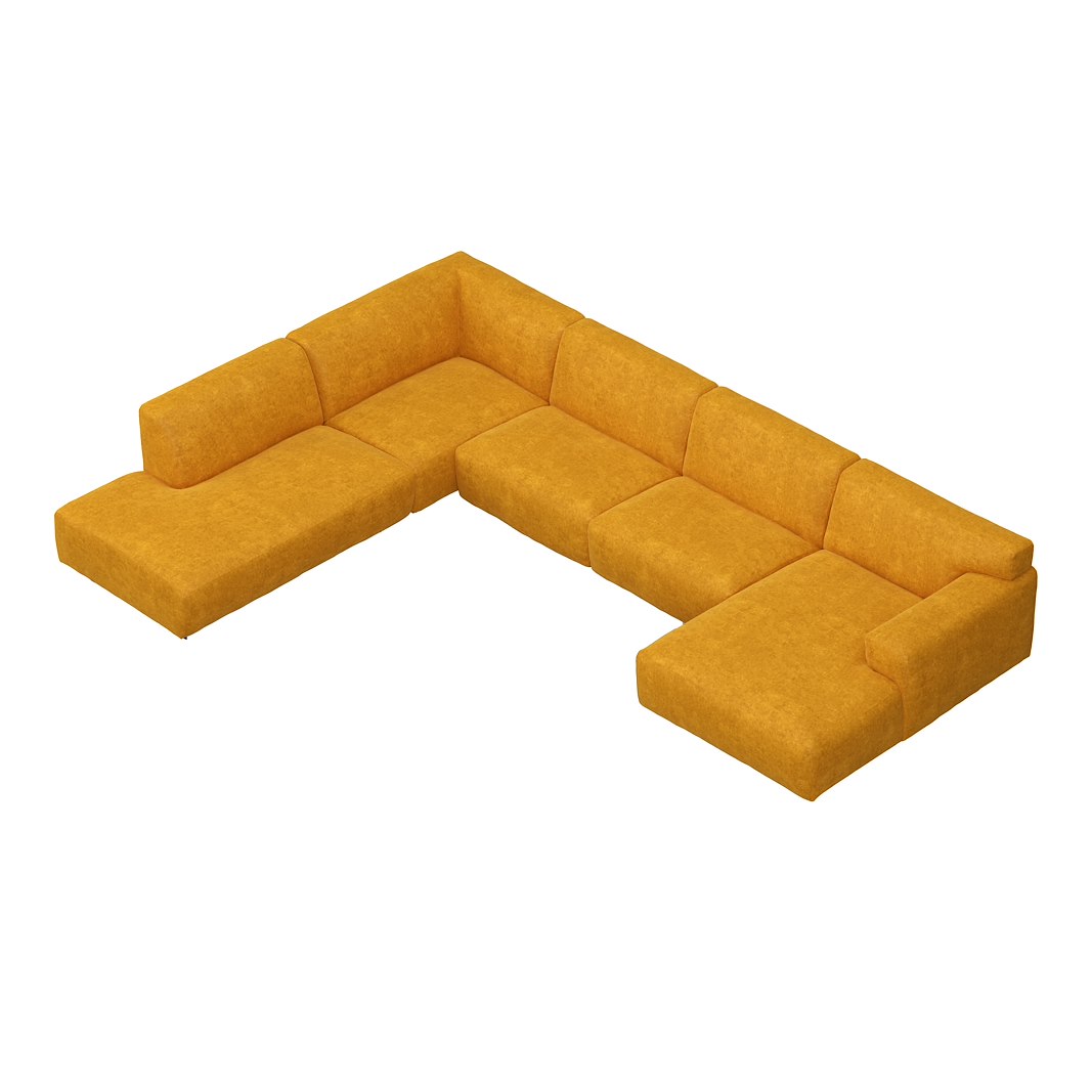 Vesta U-sofa Sjeselong høyre, 3-seter og åpen ende venstre. Big hjørnemodul, Tekstil Eros Mustard, sort metallben 10 cm, Comfort CM