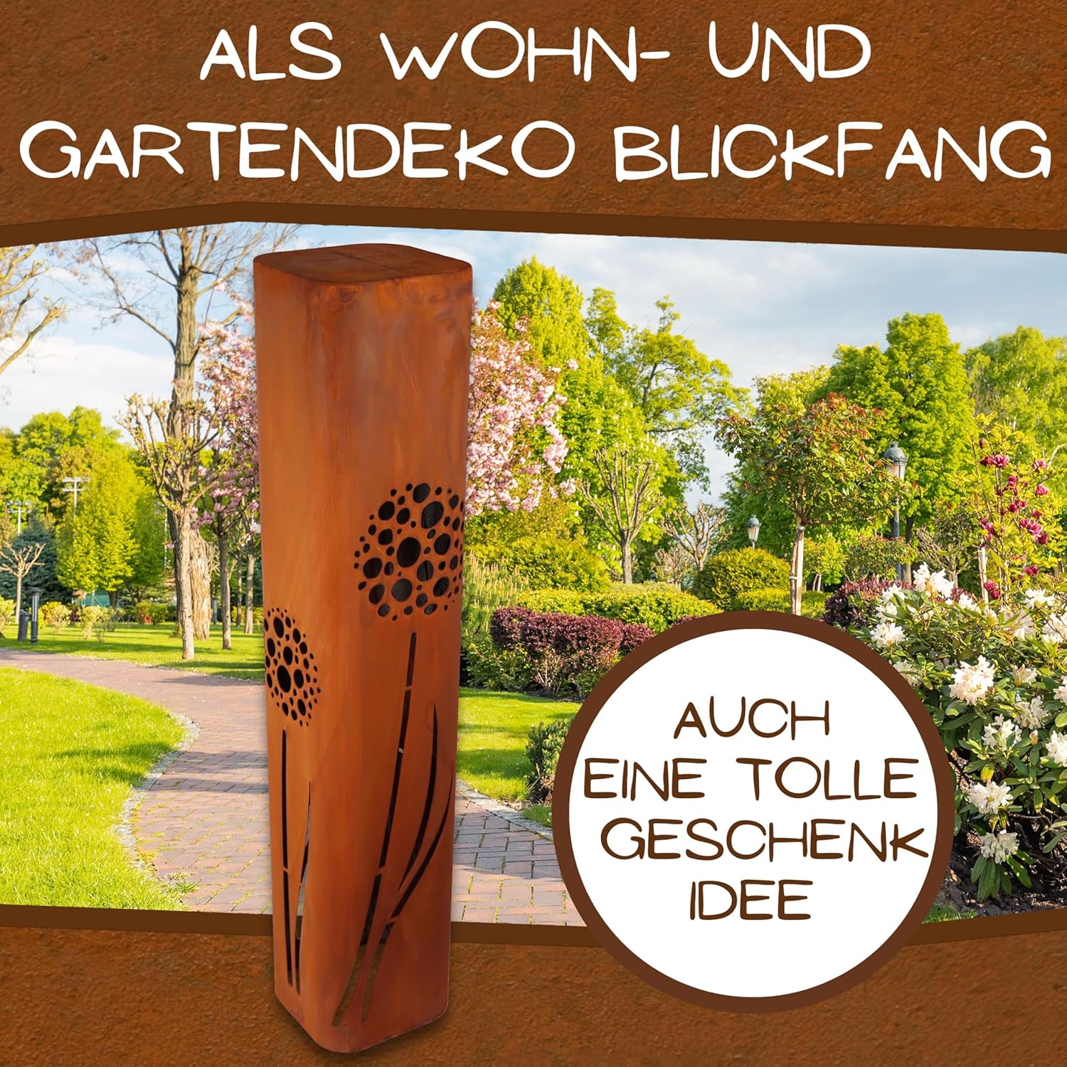 Rostikal | Deko Säule mit Pustebumen | Garten Ständer im Metalldesign Edelrost | 100 cm