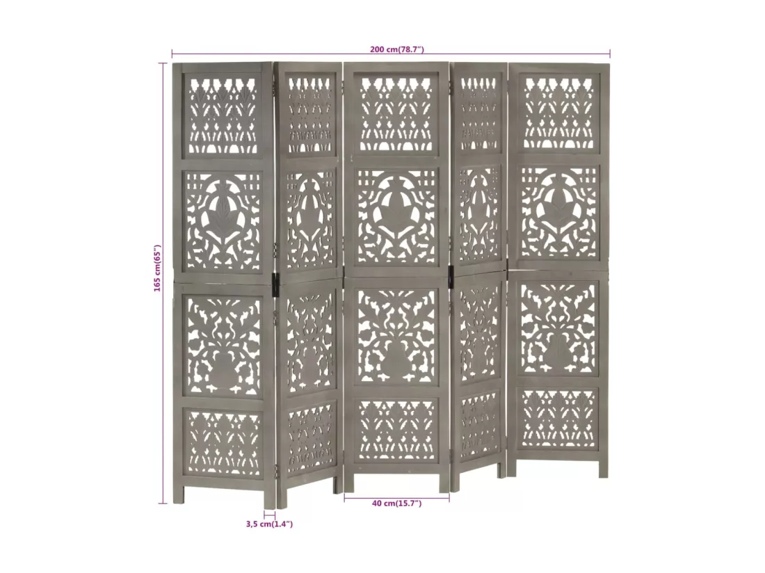 Cloison de séparation 5 panneaux Gris 200x165 cm Bois manguier