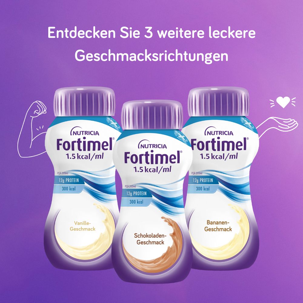 Fortimel® 1.5 kcal Erdbeere – Hochkalorische Trinknahrung mit allen wichtigen Nährstoffen, Vitaminen, Mineralien und Spurenelementen – 300 kcal und 12 g Eiweiß pro Flasche
