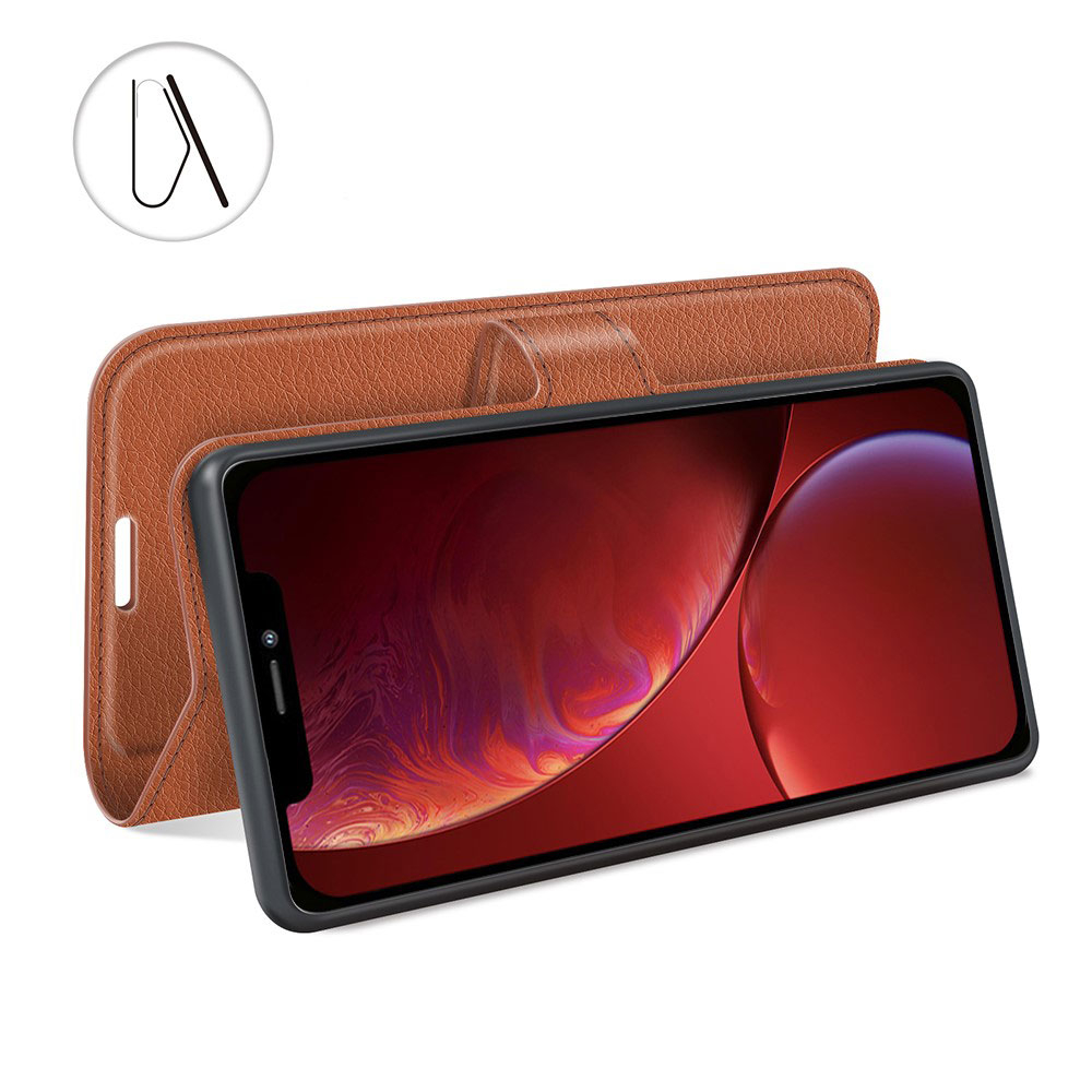 iPhone 13 Leder Tasche Flip Cover Litchi Look - Braun