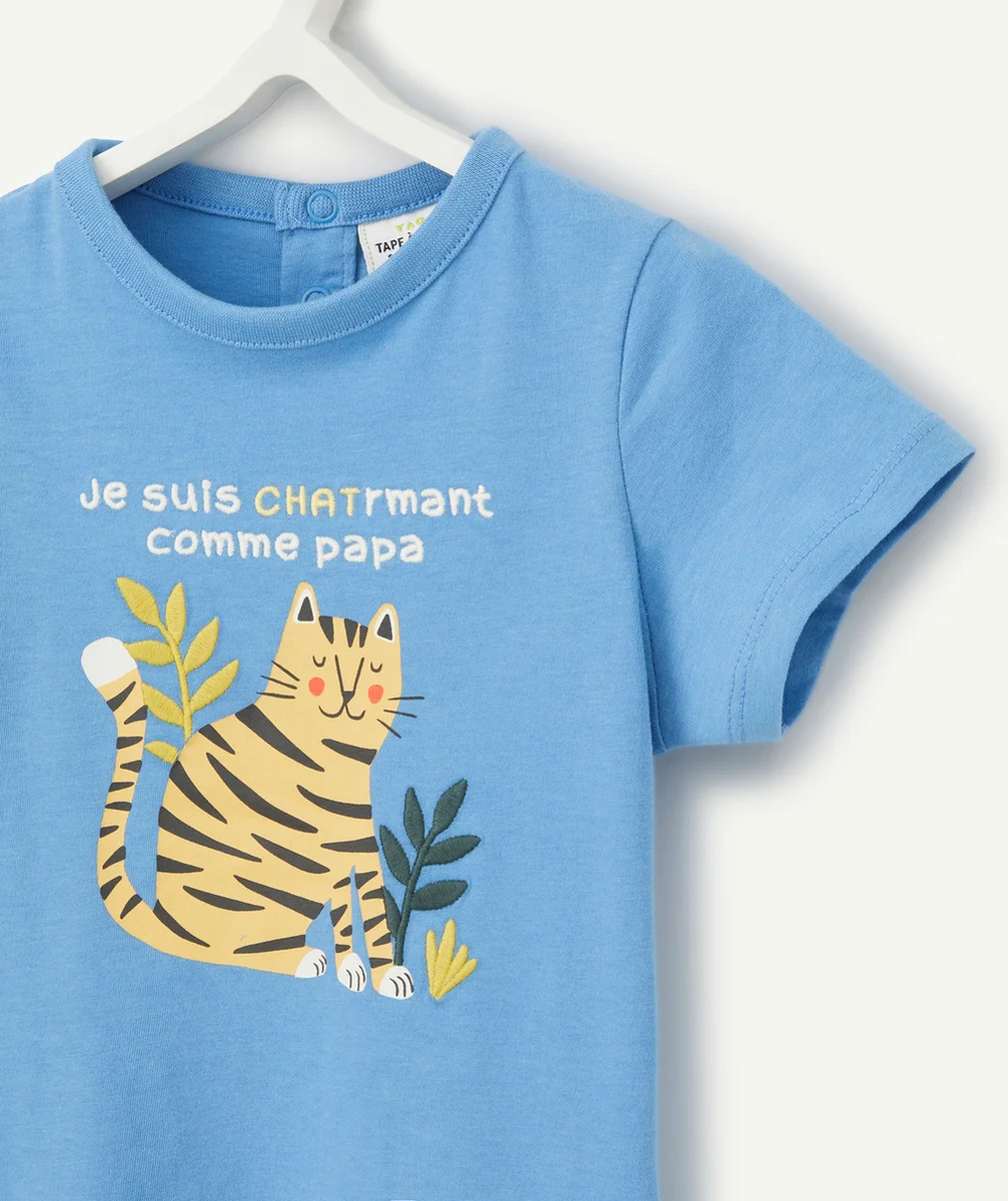 T-SHIRT BÉBÉ GARÇON EN COTON BIO BLEU MOTIF CHAT