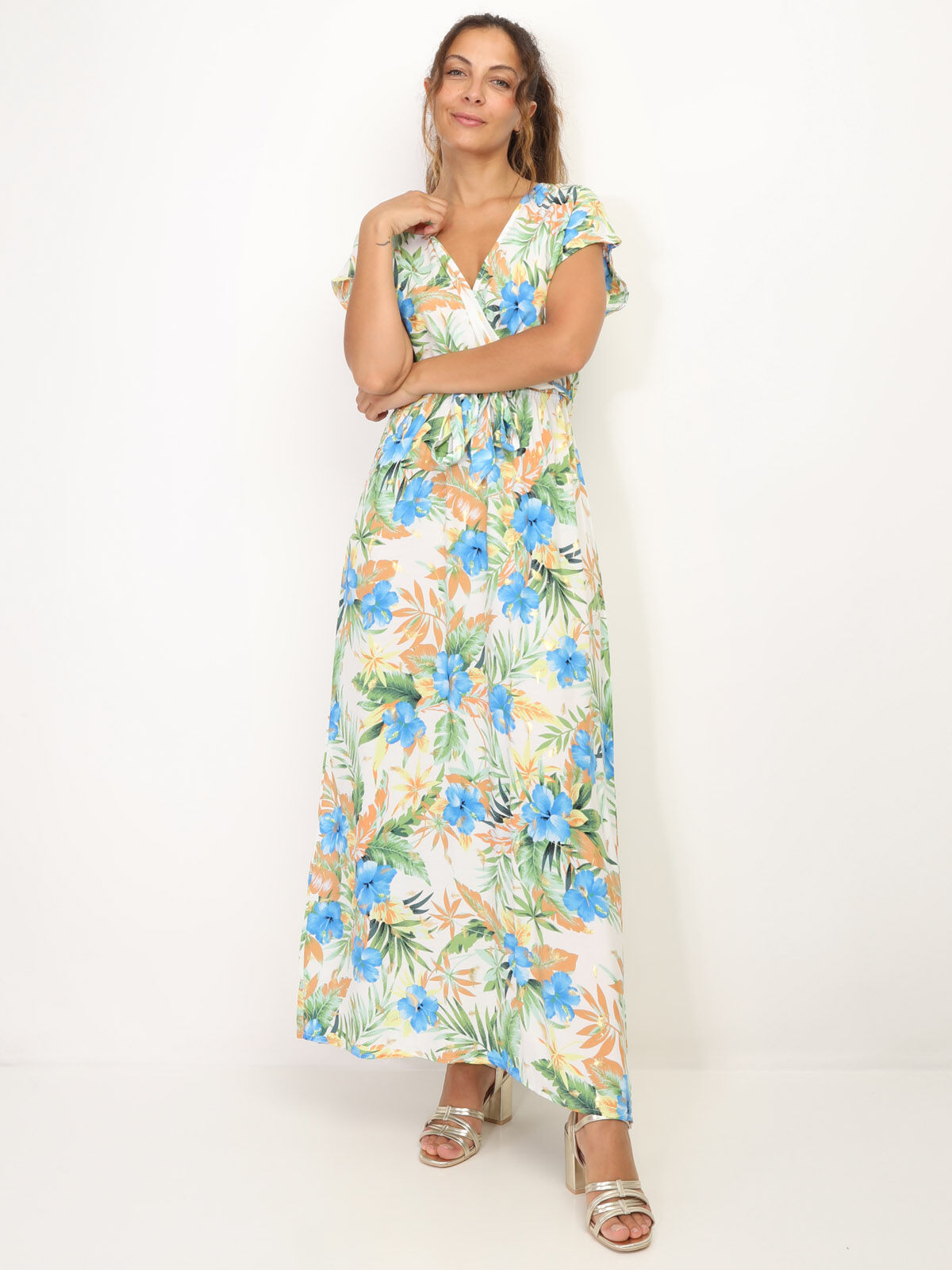 Robe ceinturée à motif fleurs et feuilles- Blanc