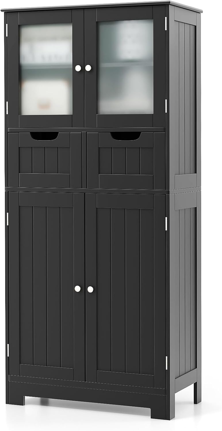 COSTWAY Badschrank mit 2 Schubladen und 4 Türen, Badezimmerschrank mit verstellbaren Regalen, Badkommode Aufbewahrungsschrank für Badezimmer, Küche, Wohnzimmer (Schwarz)