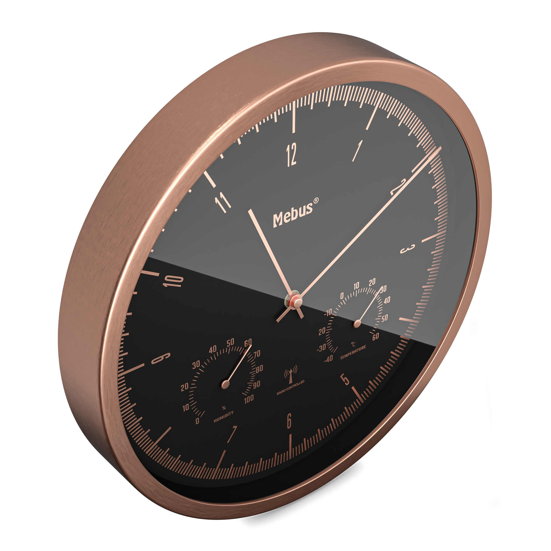 MEBUS Funk-Wanduhr - roségold-schwarz - Thermo-/Hygrometer - Ø 25 cm