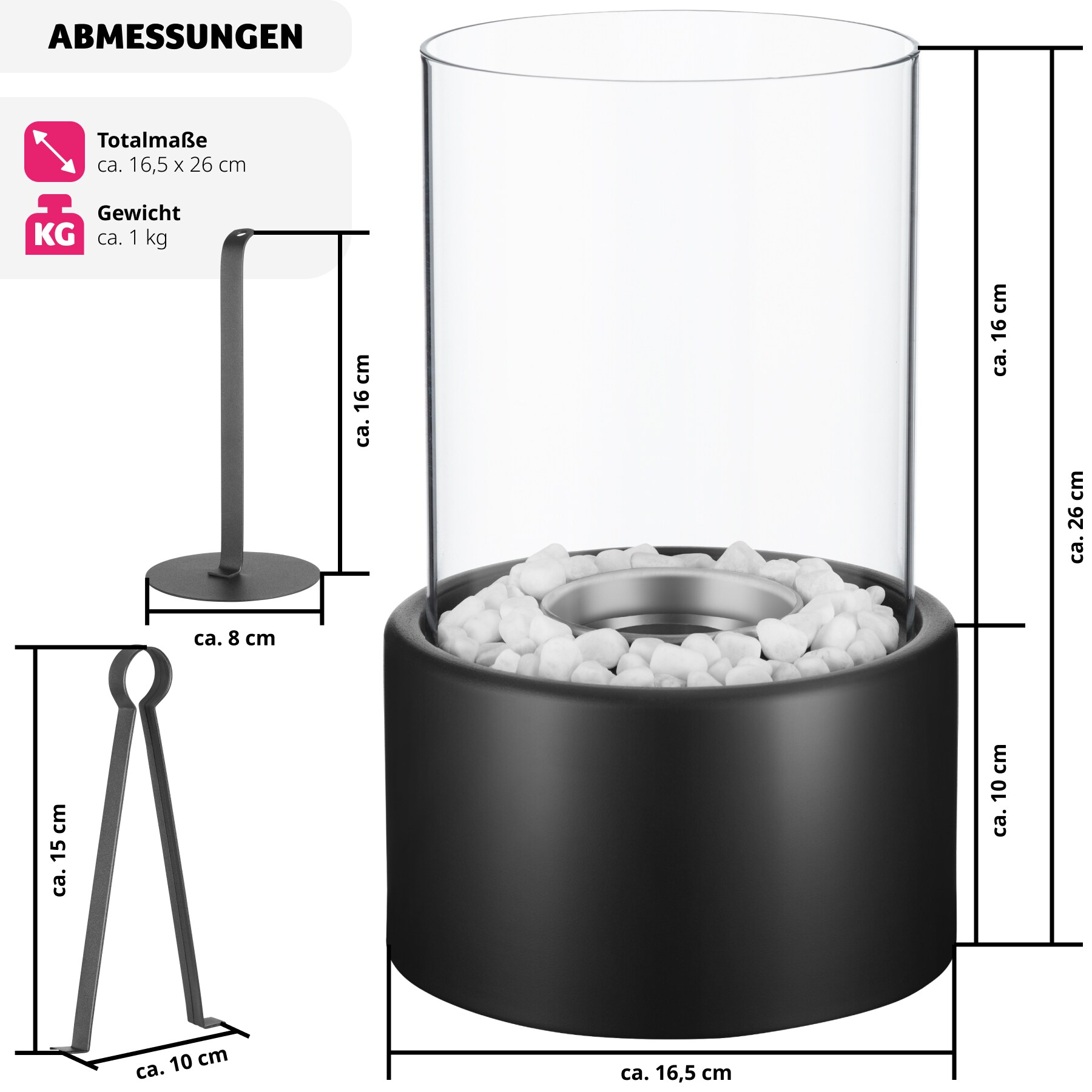 tectake® Bioethanol-Tischkamin, hitzefest, 2 Brennkammern mit Glasfaserwolle, 16,5 x 26 cm