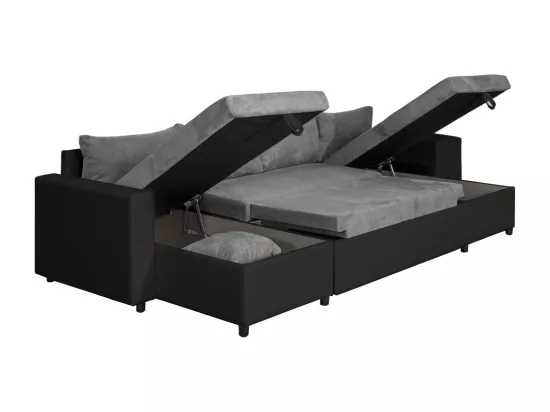 Canapé panoramique Oslo convertible avec coffres, poufs à droite - Simili/Microfibre - Noir/Gris - L311 x P146 x H81cm - Loungitude