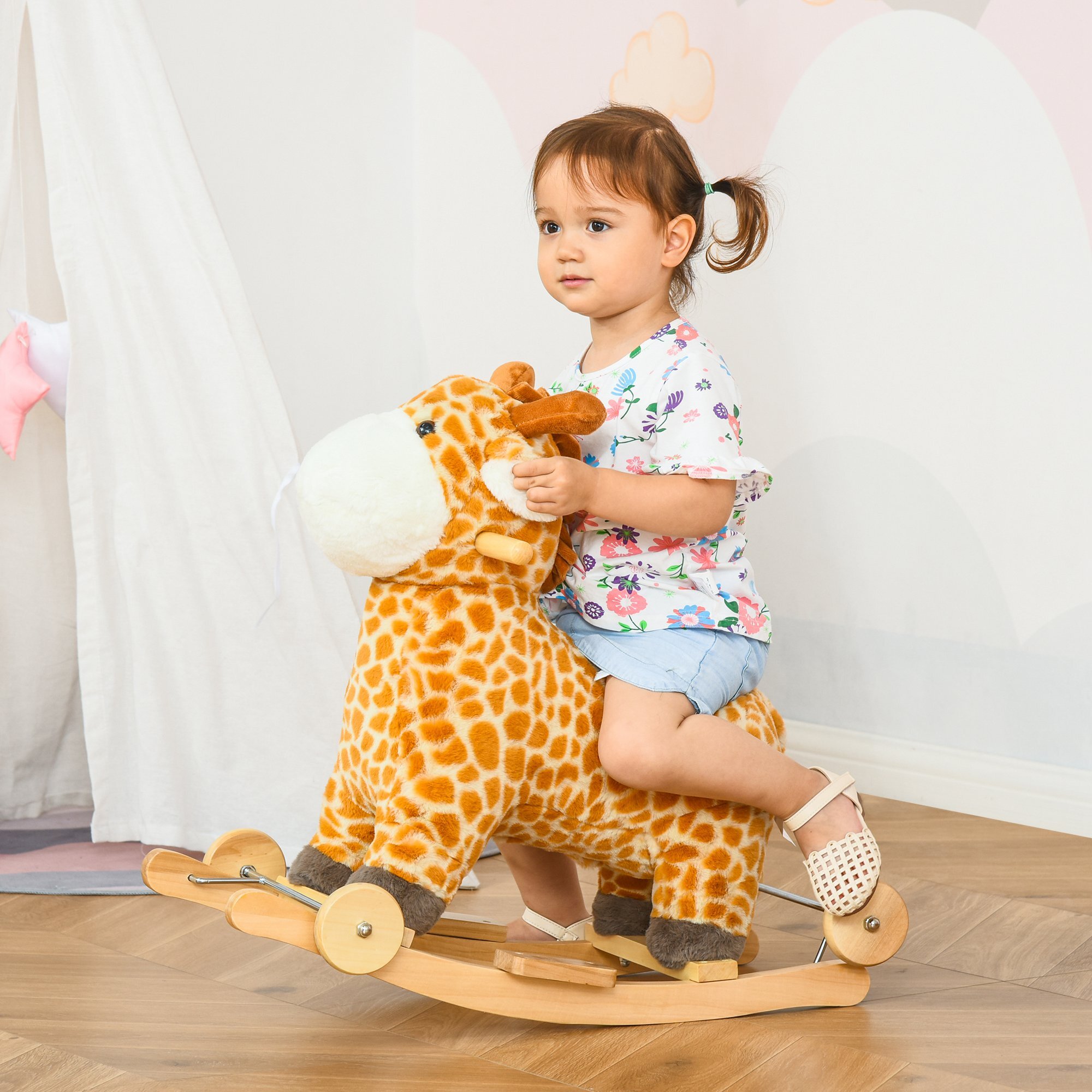 HOMCOM Schaukeltier Spielzeug, Triceratops, Giraffe Gelb 63 x 38 x 63 cm (LxBxH)