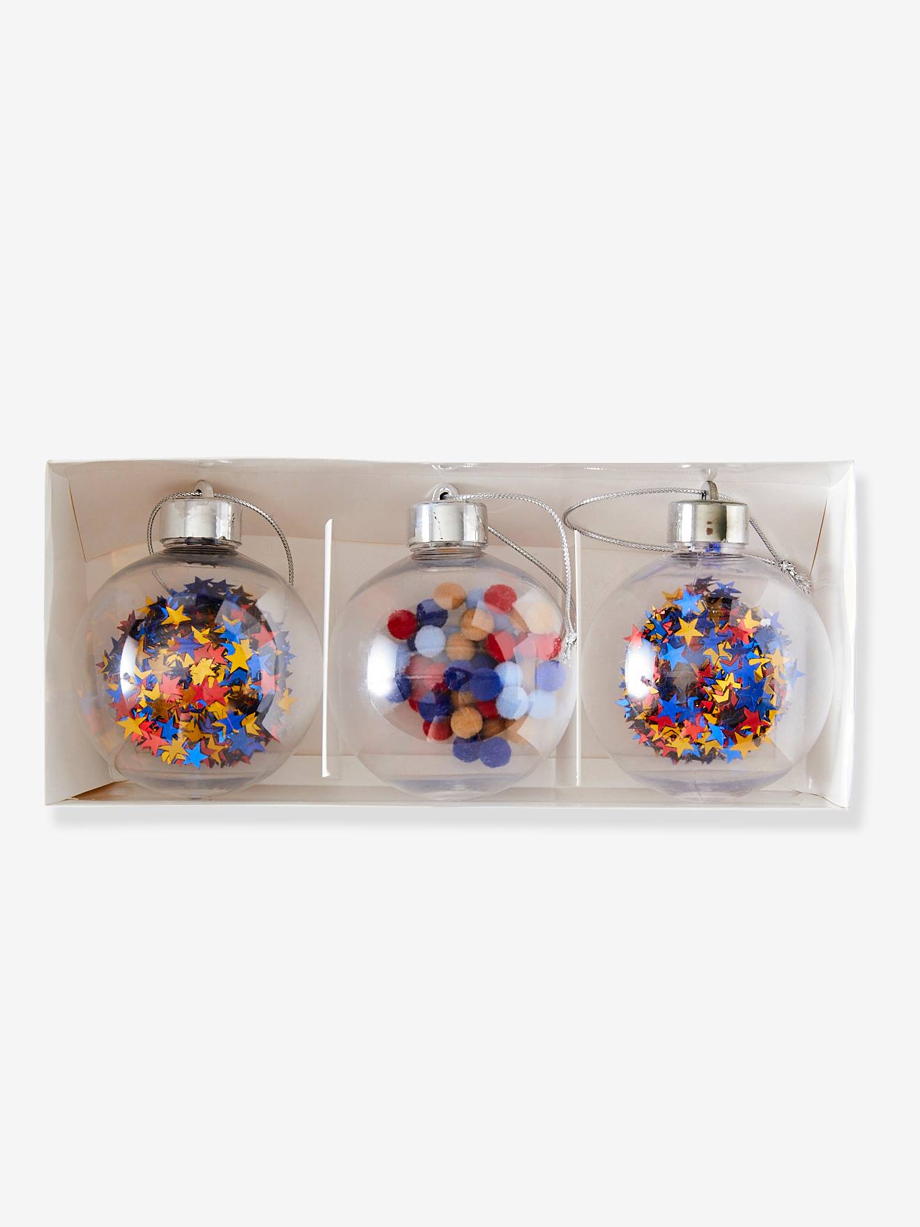 Lote de 3 enfeites de Natal vermelhos lisos, tamanho médio, com motivos decorativos.