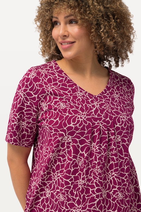 Longshirt, Zierfalten, A-Linie, V-Ausschnitt, Halbarm