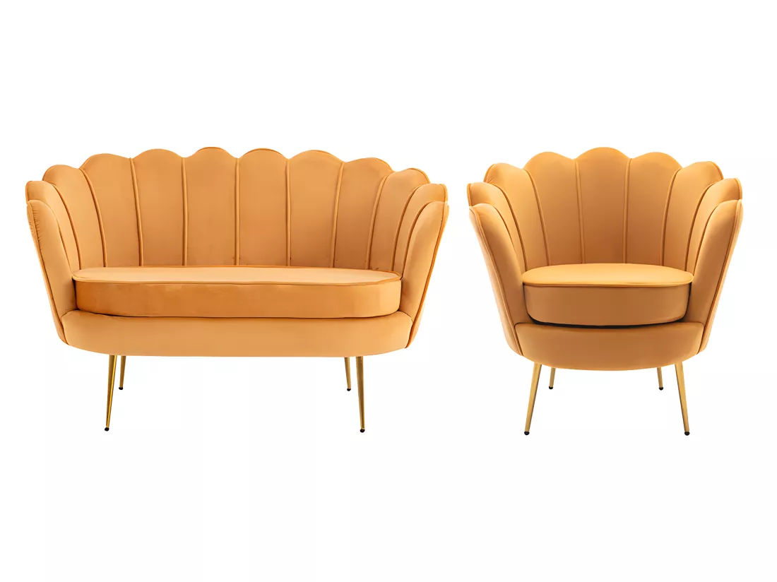 Canapé 2 places et fauteuil coquillage en velours jaune moutarde DANDELION de Pascal Morabito
