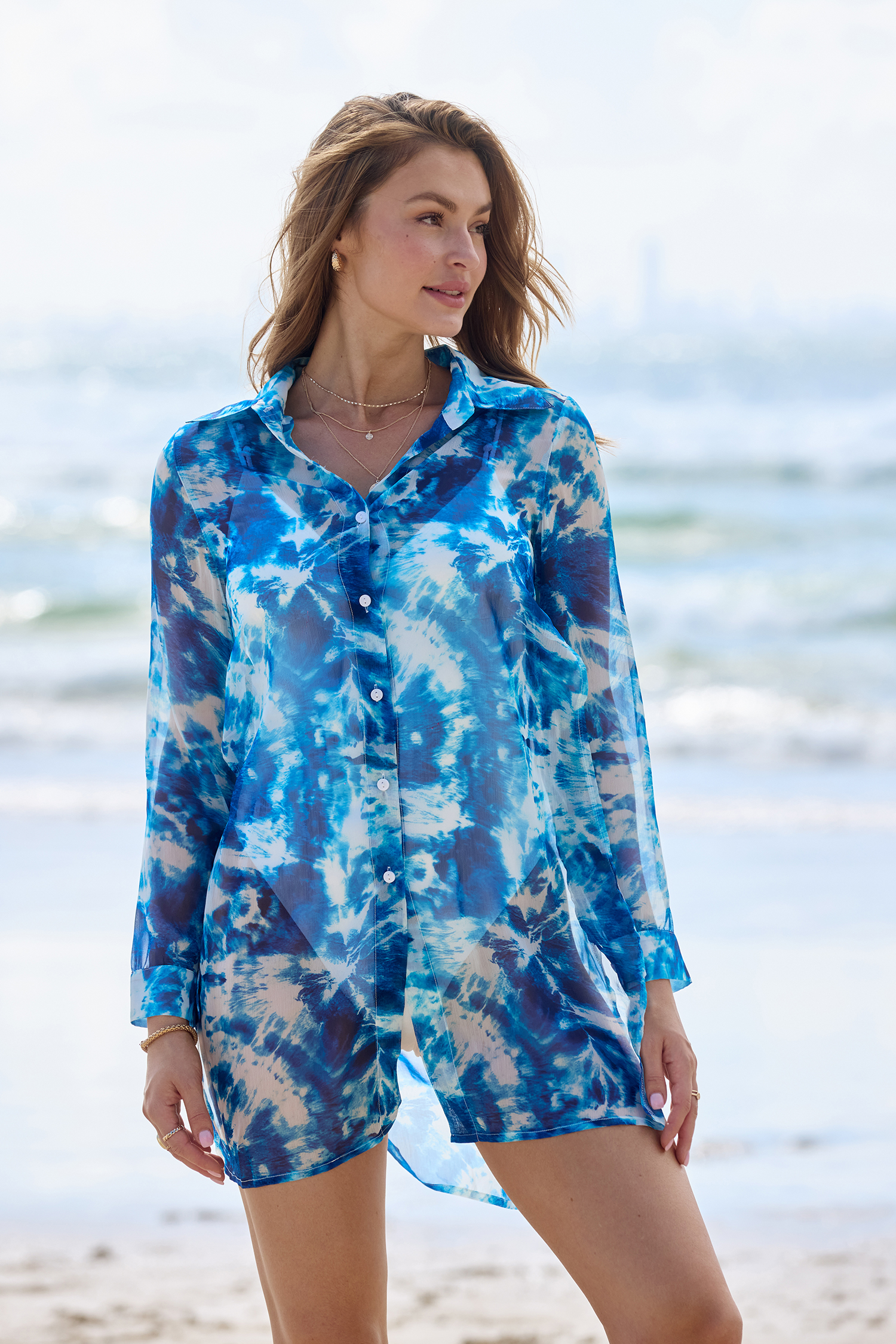 Chemise cover up convertible à boutons sur le devant bleu tie dye