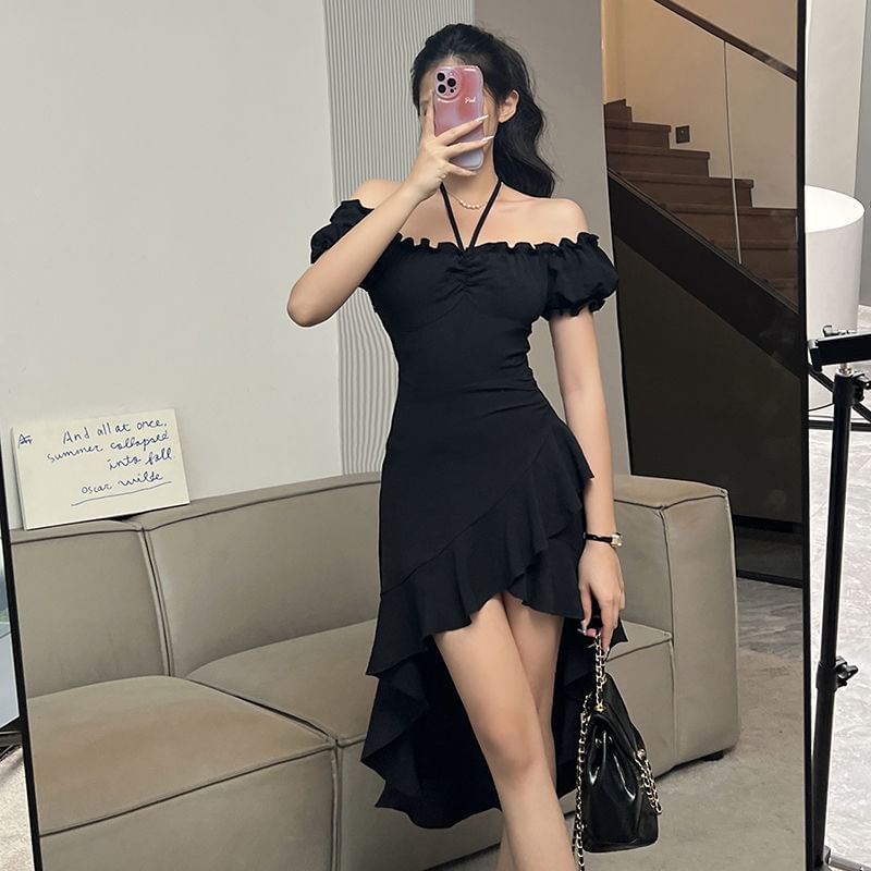 Rustie - A-lijn jurk met korte mouwen en off-shoulder, effen ruches