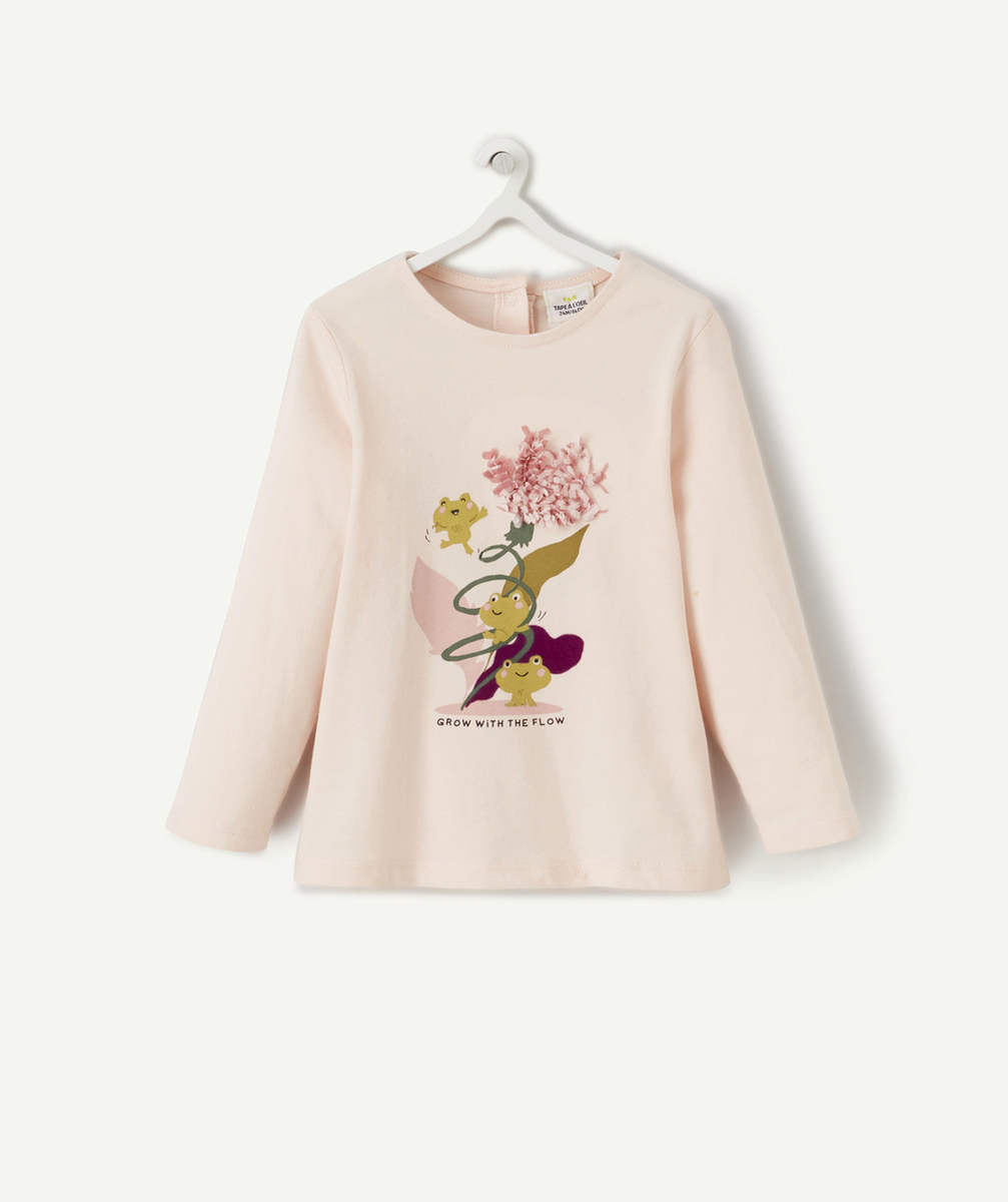 T-SHIRT BÉBÉ FILLE EN COTON BIO ROSE PÂLE GRENOUILLES ET FLEUR