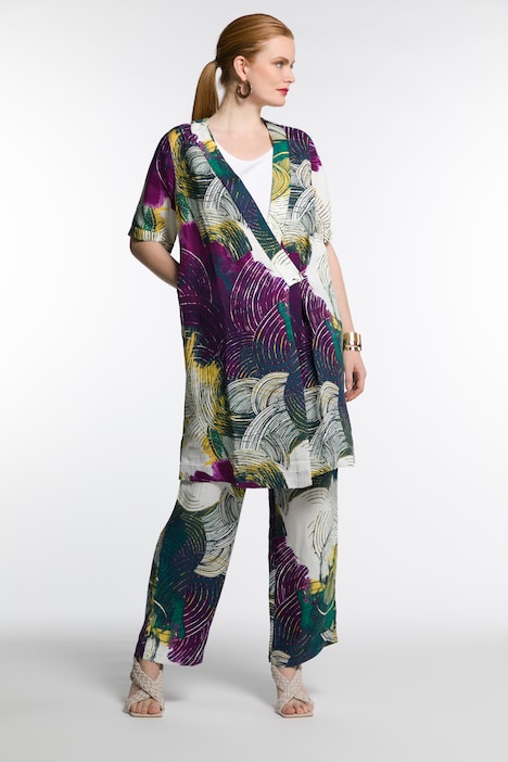 Longjacke, A-Linie, V-Ausschnitt, Halbarm, Cupro/Leinen