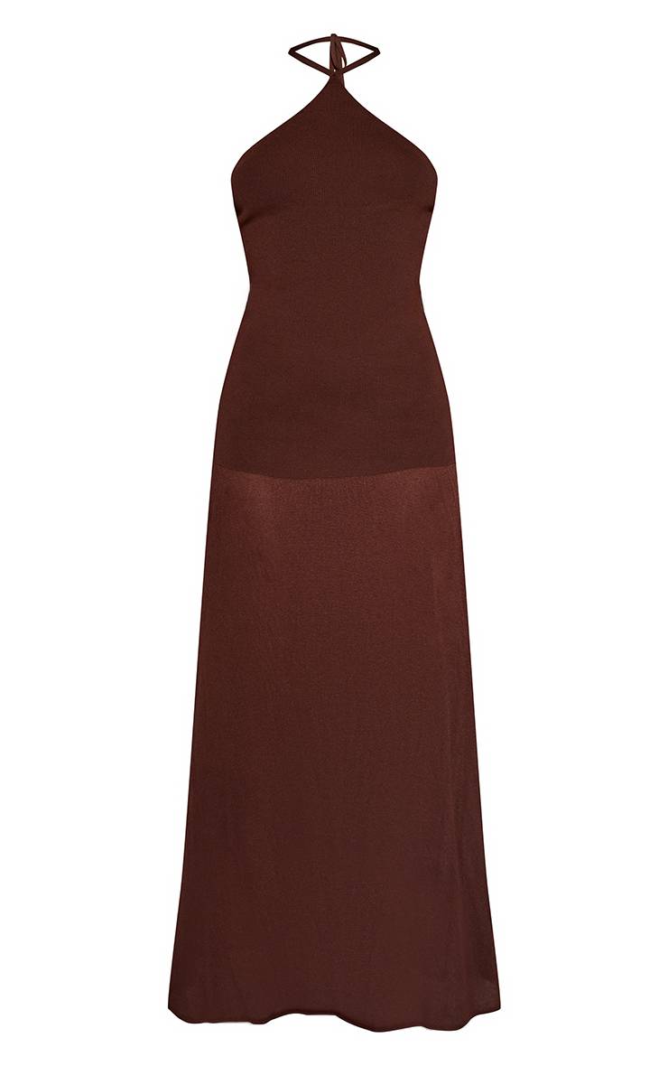 Chocolat Robe Longue Tricotée À Taille Basse Avec Encolure Dos-nu Et Panneau Transparent