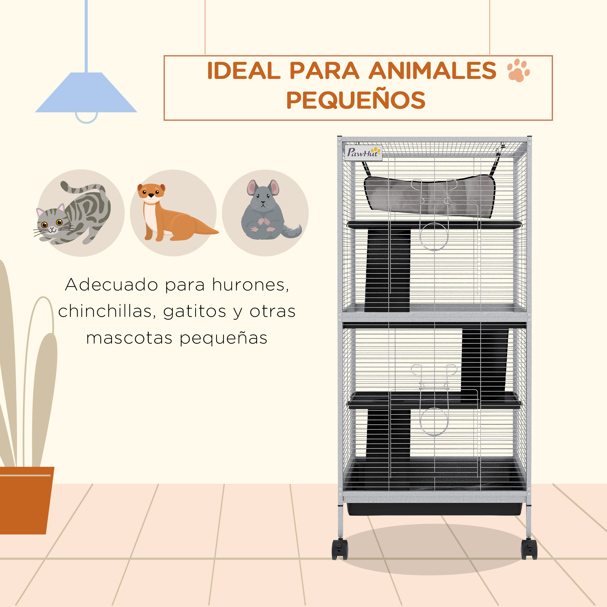 Gaiola PawHut de 4 Níveis para Pequenos Animais, com Rodas, 2 Portas, 3 Rampas, Rede Suspensa e Bandeja Removível para Chinchilas, 52x52x113,5 cm, Branca