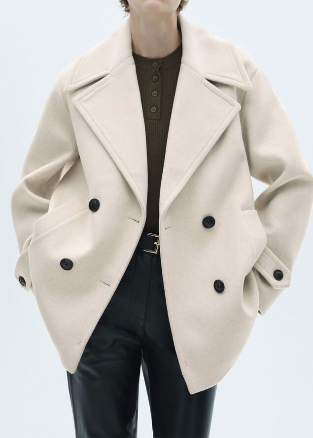 MANGO Wool double-breasted coat with butt Lt pastel grey
