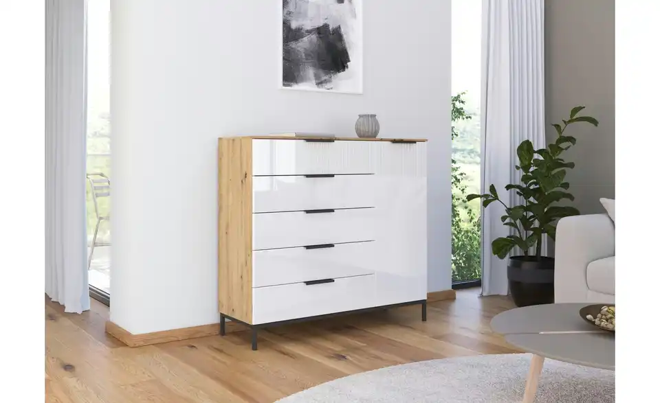 Sideboard Weiß, Eiche Artisan (Nachbildung) Front: Glas, Oberboden: Dekor Graphit