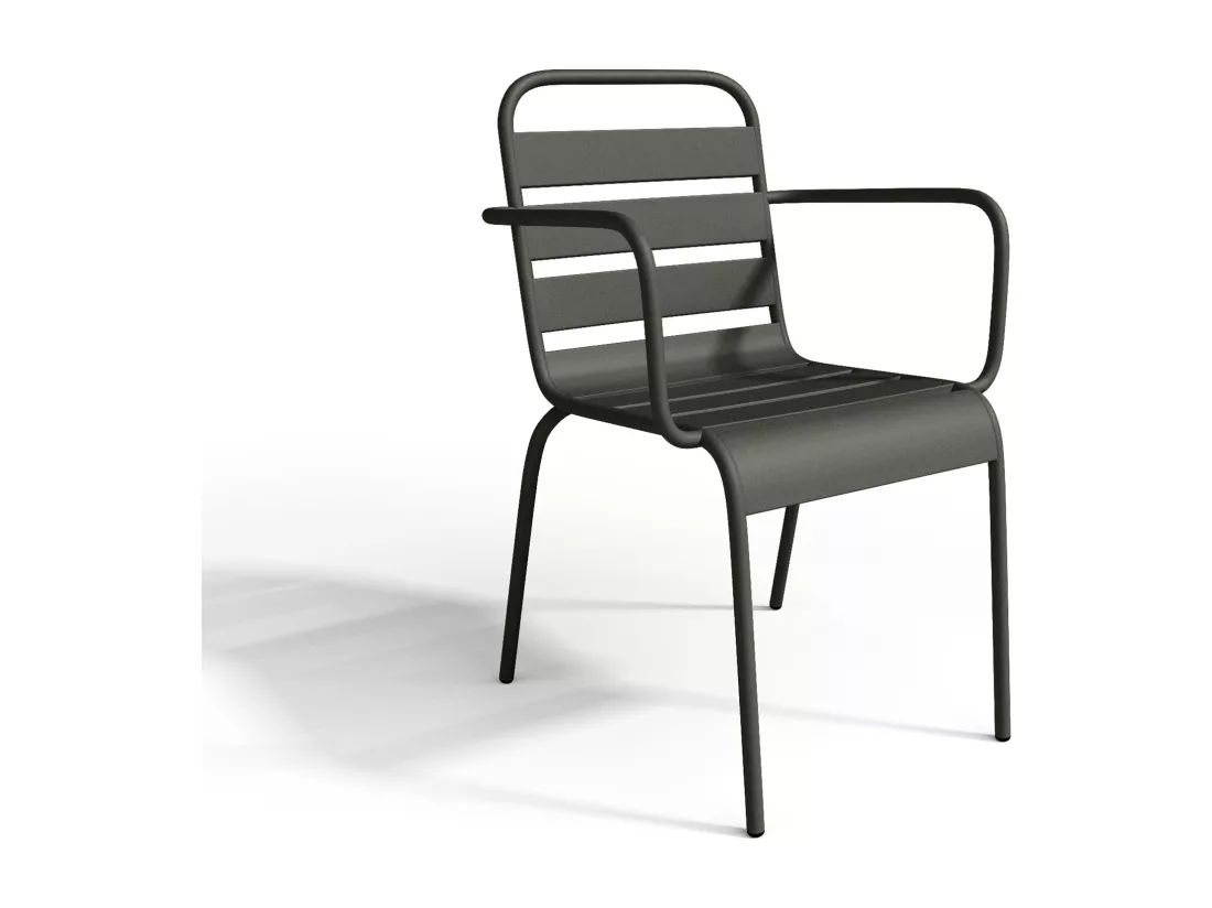 Salle à manger de jardin en métal - une table ronde D.130cm et 6 fauteuils empilables - Gris anthracite - MIRMANDE de MYLIA