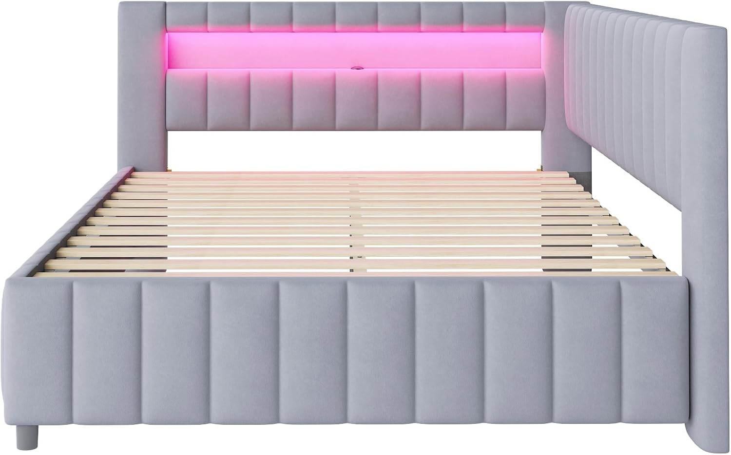 ANIROY L-förmige Schlafsofa 140x200cm, Samtstoff Polsterbett Daybett Sofabett mit LED und USB, Doppelbett Bettgestell mit Lattenrost und Rückenlehne (Hellgrau A)
