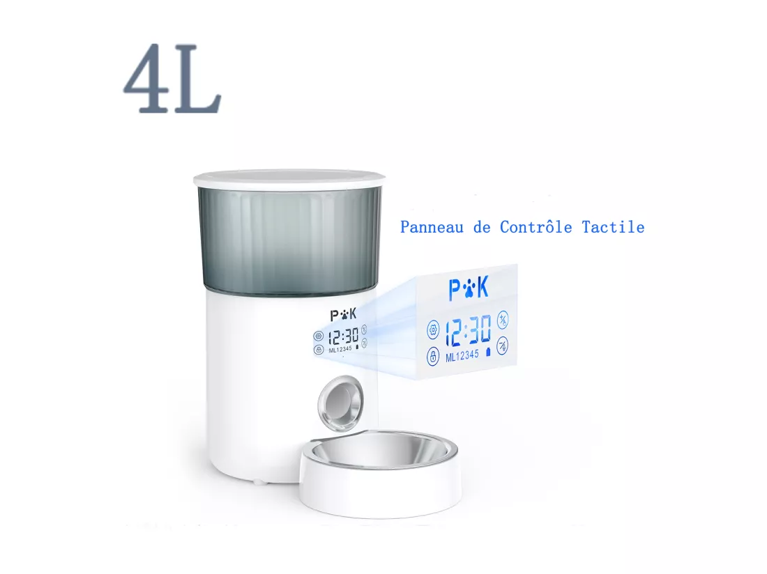 p&k M80 LCD Distributeur de Croquettes 4L pour Chats/Chiens, avec Bol en Acier Inoxydable Fonction d'enregistrement 5 Repas par Jour , Blanc
