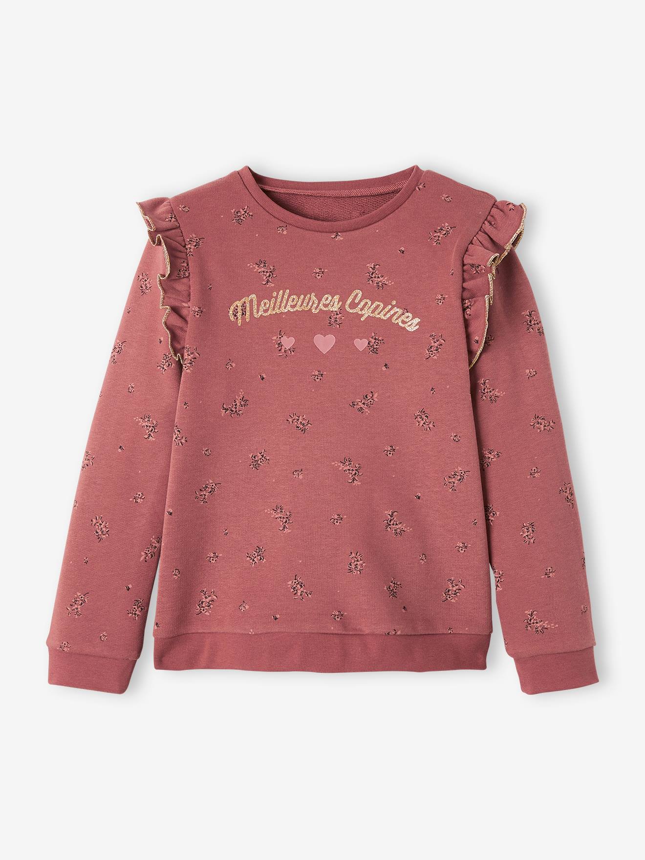 Moletom com mensagem e mangas com babados, para meninas, rosa maquiagem