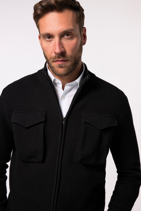 Strickjacke, Pattentaschen , Stehkragen, Zipper