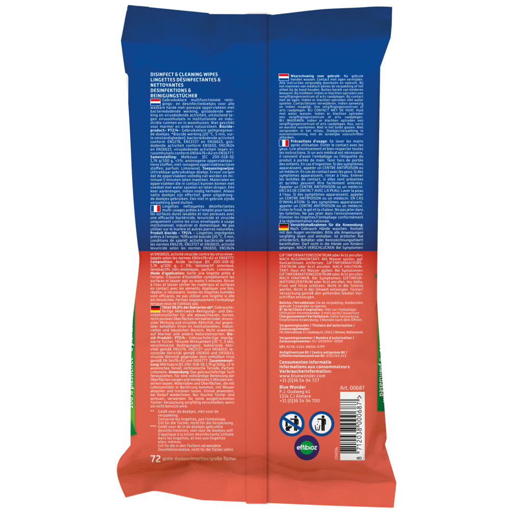Blue Wonder Desinfectie Reiniger Doekjes 72 stuks