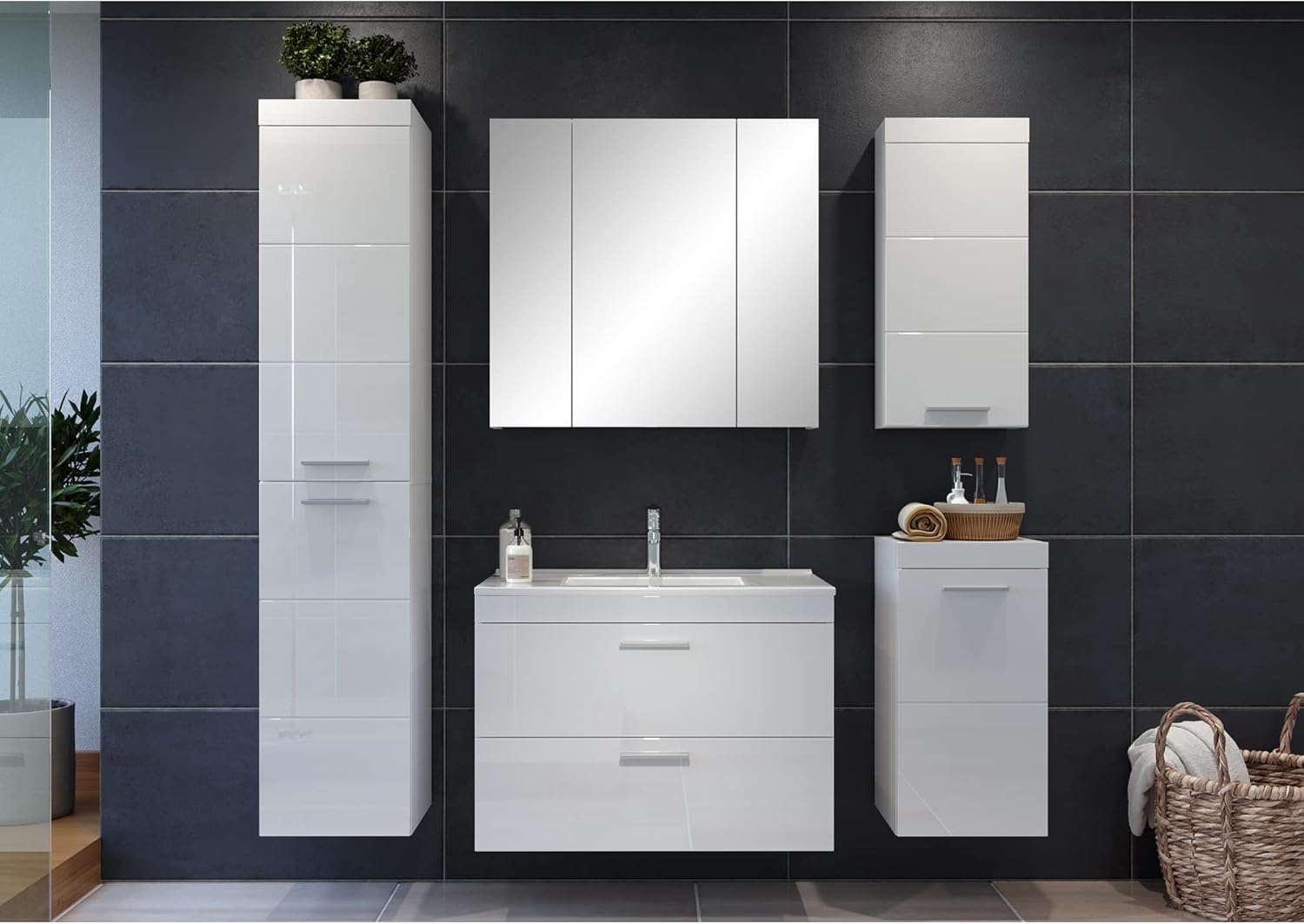 trendteam smart living - Hochschrank Schrank - Badezimmer - Devon - Aufbaumaß (BxHxT) 35 x 170 x 33 cm - Farbe Weiß Hochglanz - 210760101