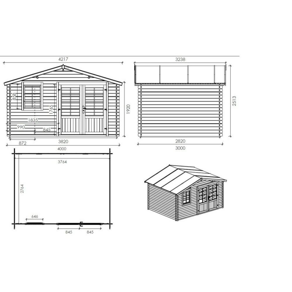 Abri de jardin en bois - 4x3 m - 20 m2 + terrasse avec balustrade et avant-toit en bois - traité